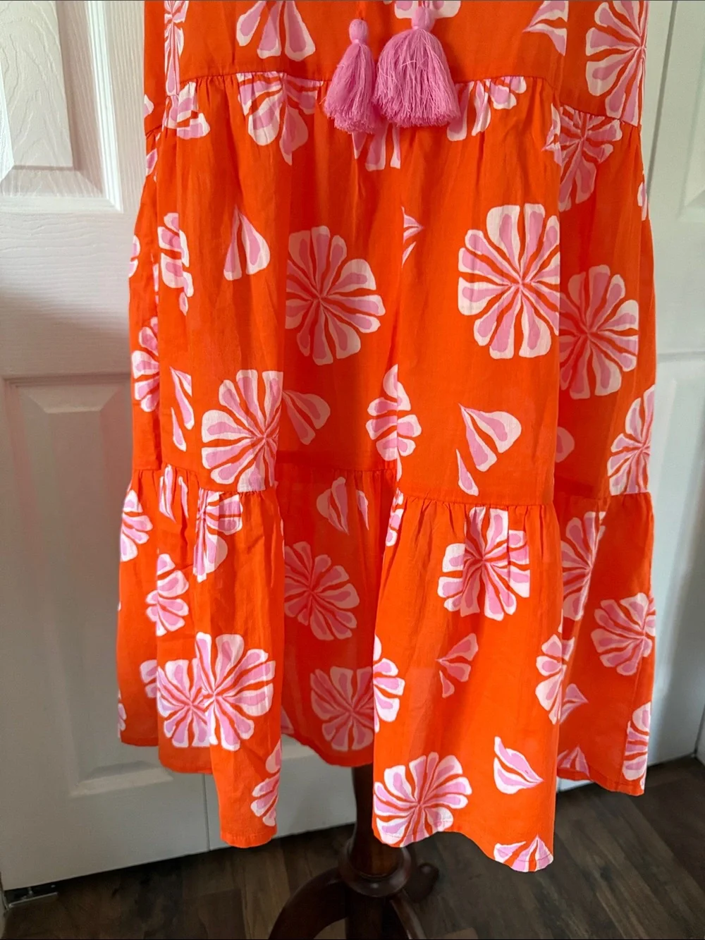 NWT J. Crew Cotton Orange Floral Tiered Dress with Pink Tassels Sz S